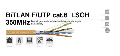 Kabel teleinformatyczny BiTLAN F/UTP 4x2x23 AWG (0,54) cat.6 350MHz LSOH TI0050 klasa Dca-s2 d0 a1 (100m)