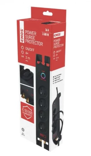 Listwa zasilająca przeciwprzepięciowa 1800J, TV, 4 gniazda 2m, czarna P54022