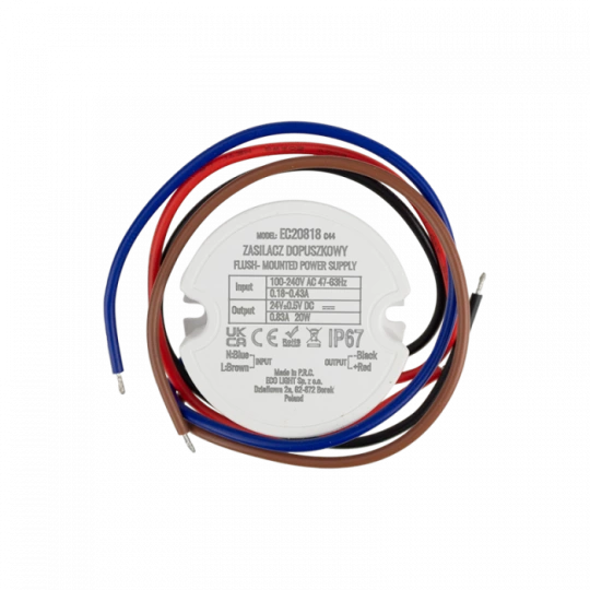 Zasilacz do puszki fi60 1,2A 20W 24V IP67 50x50x22