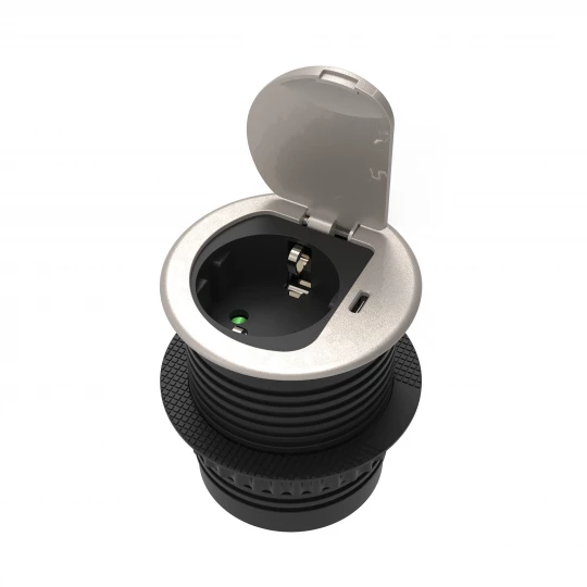 Gniazdo meblowe Ø6cm wpuszczane w blat z pokrywką, ładowarką USB i przewodem 1,9m, 1x2P+Z (Schuko), 1xUSB (typ C; 20W), srebrne