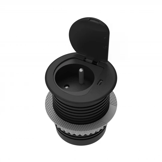 Gniazdo meblowe Ø6cm wpuszczane w blat z pokrywką, ładowarką USB i przewodem 1,9m, 1x2P+Z (French), 1xUSB (typ C; 20W), czarne