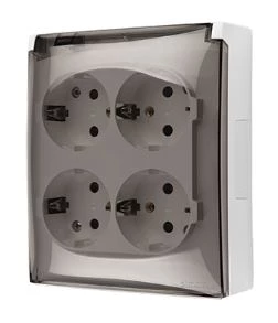 Simon Aquaclick Gniazdo IP44, Schuko, 4-krotne, klapka transparentna, z przesłonami biały ACGSZ4Z/11A