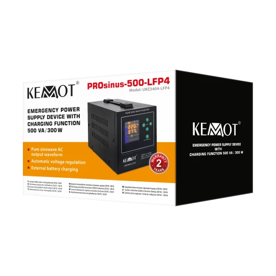 Zasilacz awaryjny KEMOT PROsinus-500-LFP4 przetwornica z czystym przebiegiem sinusoidalnym i funkcją ładowania 12V 230V 500VA/300W
