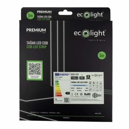 Taśma LED COB 24V 480 9W/m 4000K 1035lm IP67 5m