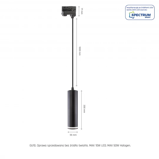 MADARA MINI RING GU10 ZWIS NA SZYNOPRZEWÓD 3F 230V IP20 fi55*200mm CZARNY kabel 1m