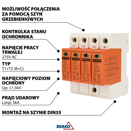 Ochronnik przepięć 4P 5kA klasa T1+T2 (B+C) SCHELINGER A51-SPD01-4P-B+C