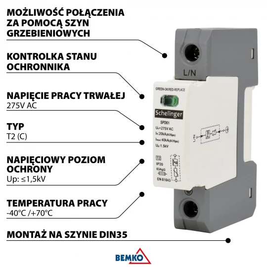 Ogranicznik przepięć 1P 20kA(8/20) KLASA T2 (C) SCHELINGER A51-SPD01-1P-C