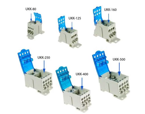 Blok rozdzielczy UKK-160 160A Al/Cu na szynę TH35 lub powierzchnię płaską 1x70mm² + 1x16mm² / 6x16mm² 49.5260