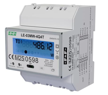 Licznik energii elektrycznej F&F LE-03MW-4Q4T 3-fazowy, 2-kierunkowy, 4-kwadrantowy, 4 taryfy, MID, RS-485 Modbus RTU