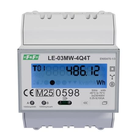 Licznik energii elektrycznej F&F LE-03MW-4Q4T 3-fazowy, 2-kierunkowy, 4-kwadrantowy, 4 taryfy, MID, RS-485 Modbus RTU