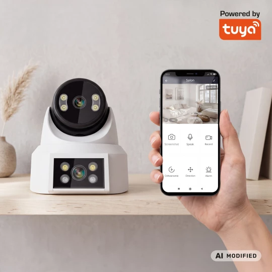 Kamera WiFi zewnętrzna 4Mpx 2K PTZ 360° podwójny obiektyw Tuya Smart Life tryb nocny AI audio Kruger&Matz Connect C180 KM2221
