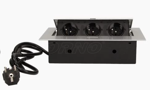 GNIAZDO WPUSZCZANE W BLAT 3x230V AC SREBRNE Z PRZEWODEM 1,5m OR-AE-1372/G