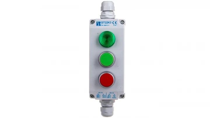 Kaseta sterownicza 3-otworowa zielony/czerwony/lampka zielona 230V IP65 1x membrana M20 szara ST22K306-2