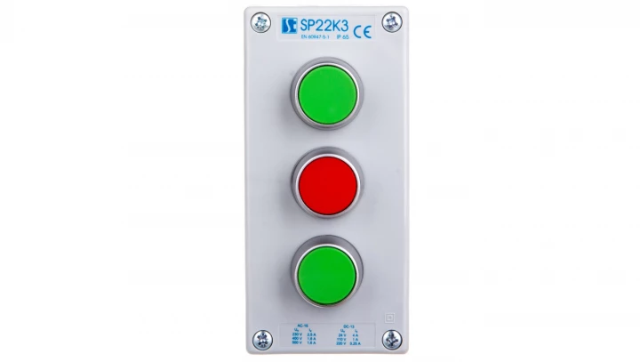 Kaseta sterownicza 3-otworowa 2xzielony/czerwony 2Z 1R IP65 1x membrana M20 szara SP22K302-2