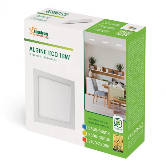 ALGINE ECO 18W 1300lm CW 230V 120st IP20 IK06 220X200mm BIAŁY kwadrat. podtynkowa