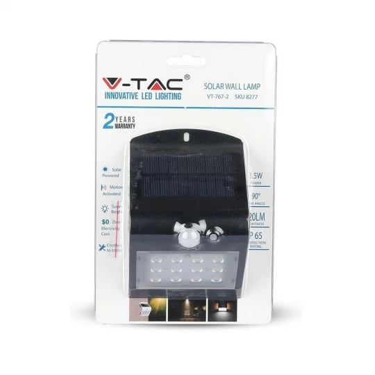 Lampa Solarna Ścienna LED z czujnikiem ruchu VT-767 1.5W 220lm Czarny IP65 8277