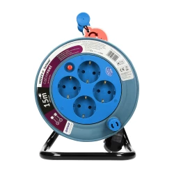Przedłużacz bębnowy MINI, 4 gniazda 2P+Z, metalowy stojak, polwinit H05VV-F 3x1mm2 , długość 15m, turkusowy, OR-AE-1339/T(GS)