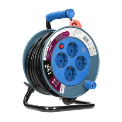 Przedłużacz bębnowy MINI, 4 gniazda 2P+Z, metalowy stojak, polwinit H05VV-F 3x1mm2 , długość 15m, turkusowy, OR-AE-1339/T(GS)