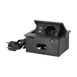Wpuszczane gniazdo meblowe z ładowarką USB i przewodem 1,5m,  1x2P+Z, 2xUSB (typ A, 2,1A), płaski rant frezowany, czarny