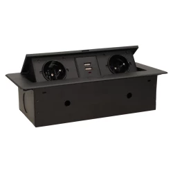 Gniazda wpuszczane w blat 2x230 z płaskim frezowanym rantem i ładowarką USB czarne OR-AE-13109/B
