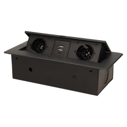 Gniazda wpuszczane w blat 2x230 z płaskim frezowanym rantem i ładowarką USB czarne OR-AE-13109/B