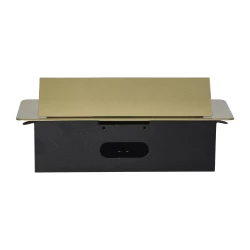 Gniazda meblowe wpuszczane w blat z płaskim frezowanym rantem i ładowarką USB, 2x2P+Z, 2xUSB, mosiądz
