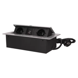 Gniazdo meblowe wpuszczane w blat z płaskim frezowanym rantem, ładowarką USB i przewodem 1,5m, 2x2P+Z, 2xUSB, sreb,OR-AE-13126/G