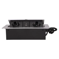 Gniazdo meblowe wpuszczane w blat z płaskim frezowanym rantem, ładowarką USB i przewodem 1,5m, 2x2P+Z, 2xUSB, sreb,OR-AE-13126/G