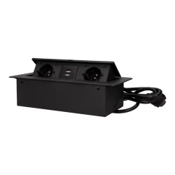 Gniazda wpuszczane w blat z płaskim frezowanym rantem, ładowarką USB i przewodem 1,5m, 2x2P+Z, 2xUSB, czarne OR-AE-13126/B