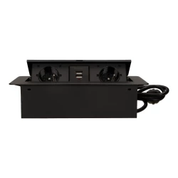 Gniazda wpuszczane w blat z płaskim frezowanym rantem, ładowarką USB i przewodem 1,5m, 2x2P+Z, 2xUSB, czarne OR-AE-13126/B