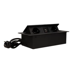 Gniazda wpuszczane w blat z płaskim frezowanym rantem, ładowarką USB i przewodem 1,5m, 2x2P+Z, 2xUSB, czarne OR-AE-13126/B