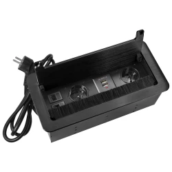 Gniazdo meblowe wpuszczane w blat z płaskim frezowanym rantem, szczotką przeciwkurzową, ładowarką USB i przewodem 1,5m, 2x2P+Z, 2xUSB, 2xNET, czarne