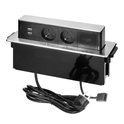 Gniazdo meblowe wysuwane z blatu z płaskim frezowanym rantem, ładowarką USB i przewodem 2m,  2x2P+Z, 2 x USB (Typ A), HDMI, 3x1,5mm2, czarno-srebrne, 