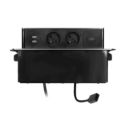 Gniazdo meblowe wysuwane z blatu z płaskim frezowanym rantem, ładowarką USB i przewodem 2m,  2x2P+Z, 2 x USB (Typ A), HDMI, 3x1,5mm2, czarno-srebrne, 