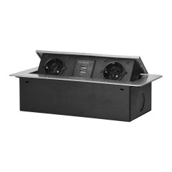 Gniazda meblowe wpuszczane w blat z płaskim frezowanym rantem i ładowarką USB, 2x2P+Z (Schuko), 2xUSB, srebrny