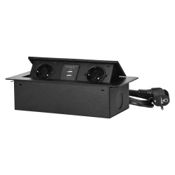 Gniazda meblowe wpuszczane w blat z płaskim frezowanym rantem, ładowarką USB i przewodem 1,5m, 2x2P+Z (Schuko), 2xUSB, czarne