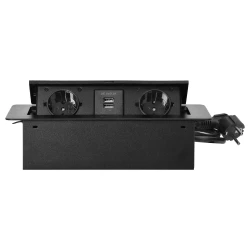 Gniazda meblowe wpuszczane w blat z płaskim frezowanym rantem, ładowarką USB i przewodem 1,5m, 2x2P+Z (Schuko), 2xUSB, czarne