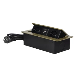 Gniazda meblowe wpuszczane w blat z płaskim frezowanym rantem, ładowarką USB i przewodem 1,5m, 2x2P+Z (Schuko), 2xUSB, kolor mosiądzu