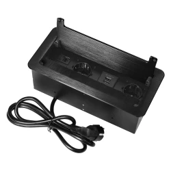Gniazdo meblowe wpuszczane w blat z płaskim frezowanym rantem, szczotką przeciwkurzową, ładowarką USB i przewodem 1,5m, 2x2P+Z Schuko, 2xUSB, 2xNET, c