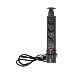Gniazdo meblowe Ø6cm wysuwane z blatu z ładowarką USB, blokadą i przewodem 1,8m, 3x2P+Z, czarne