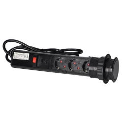 Gniazdo meblowe Ø6cm wysuwane z blatu z ładowarką USB, blokadą i przewodem 1,8m, 3x2P+Z, czarne