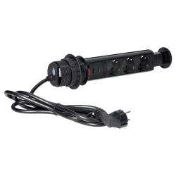 Gniazdo meblowe Ø6cm wysuwane z blatu z ładowarką USB, blokadą i przewodem 1,8m, 3x2P+Z, czarne