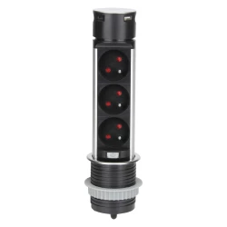 Wpuszczane gniazdo meblowe Ø6cm z ładowarką USB i przewodem 1,5m, 3x2P+Z, 2xUSB (typ A i typ C), INOX