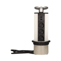 Gniazdo meblowe fi10cm, 3x250V AC wysuwane z blatu z ładowarką USB i przewodem 1,8m srebrny OR-AE-1353