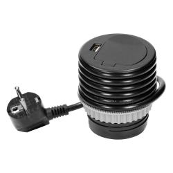 Gniazdo meblowe Ø6cm wpuszczane w blat z pokrywką, ładowarką USB i przewodem 1,8m, 1x2P+Z, 1xUSB, czarne,OR-AE-1373/B