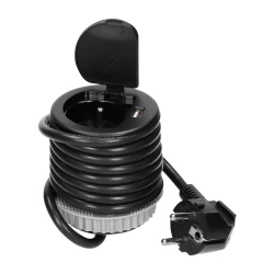 Gniazdo meblowe Ø6cm wpuszczane w blat z pokrywką, ładowarką USB i przewodem 1,8m, 1x2P+Z, 1xUSB, czarne,OR-AE-1373/B