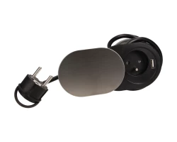 Gniazdo meblowe Ø6cm, wpuszczane w blat z przesuwną pokrywką, ładowarką USB i przewodem 1,9m, 1x2P+Z, 1xUSB (2,4A), 3x1mm²