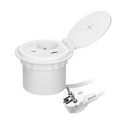 Gniazdo meblowe Ø8cm wpuszczane w blat z ładowarką indukcyjną, ładowarką USB z 2 gniazdami A i C, przelotką kablową,OR-GM-9015/W