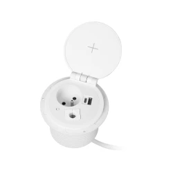 Gniazdo meblowe Ø8cm wpuszczane w blat z ładowarką indukcyjną, ładowarką USB z 2 gniazdami A i C, przelotką kablową,OR-GM-9015/W