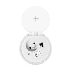 Gniazdo meblowe Ø8cm wpuszczane w blat z ładowarką indukcyjną, ładowarką USB z 2 gniazdami A i C, przelotką kablową,OR-GM-9015/W